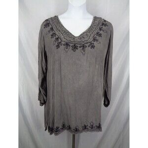 Anandas Collection Gray Embroidered Tab Sleeve Tunic Top Plus One Size New